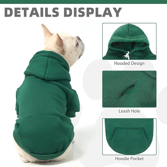 KOOLTAIL Basic Dog Hoodie - Soft & Warm Pet Hoodie Sweater with Leash Hole and Pocket, Dog Winter Coat, Cold Weather Clothes Sweatshirt for Small Medium Large Dogs Puppy Cat Boys Girls Deep Green SM