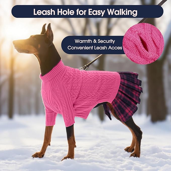 IECOii Girl XXL Dog Sweater Dress, Cozy Cable Knit Dog Sweater for Large Dogs Girl, Pink, XXLarge, 2XL Pet Pullover Knitted Dress for Winter, Turleneck with Sleeve, Warm Sweaters for Female Pitbull