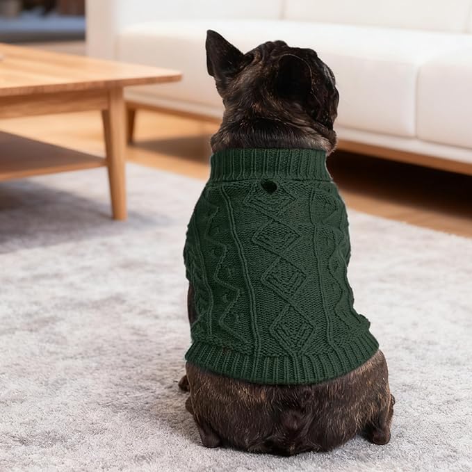 PUPTECK Dog Sweater, Turtleneck Warm Knitted Pullover Coat, Thick Cable Knitwear Clothes in Winter, Pet Apparel Outfits for Small Medium Dogs, for Cold Weather Indoor & Outdoor, Deep Green S