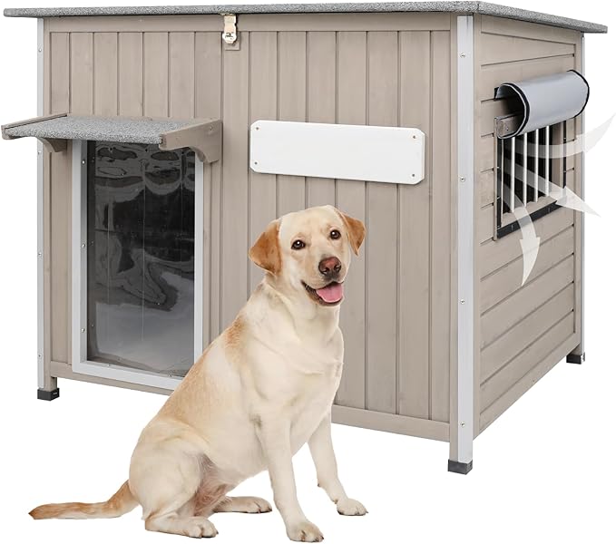 Dog House Outdoor Weatherproof & Wooden Dog Kennel with Chew-Proof Iron Frame，Removable Floor, Adjustable Vent Window, Easy Assembly for Medium Dogs (43.3" L x 29.5" W x 33.5" H)