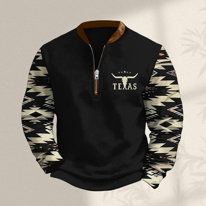 HOTYD Aztec Cowboy Jacket Men Vintage Bullhorn Printed Oversized Western Sweatshirt Long Sleeve Quarter Zip Pullover