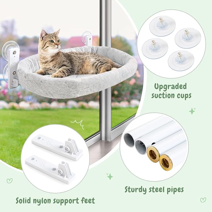 Sunhoo 2PCS Cat Window Perch Hammock Cordless Kitty Sunny Bed Seat Window Sill Shelf for Inside Cats Foldable Lounger with 4 Strong Suction Cups Soft Plush Cover 21 * 11.8 in Holds up to 40lbs (Grey)