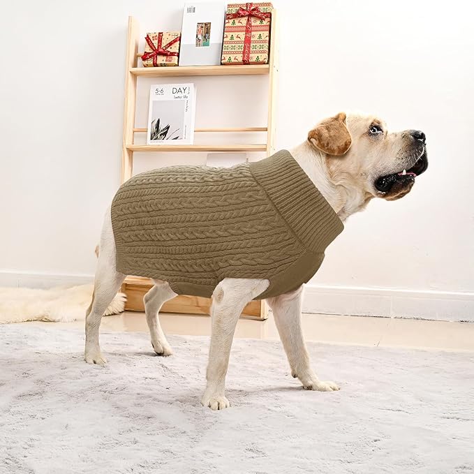 2 Pack Dog Sweaters for Big Dogs Turtleneck Pullover Cable Knit Large Size Stretch Clothes Pitbull Labrador Bulldog Doberman Boy Girl Pets Winter Clothes (XL, Green & Brown)