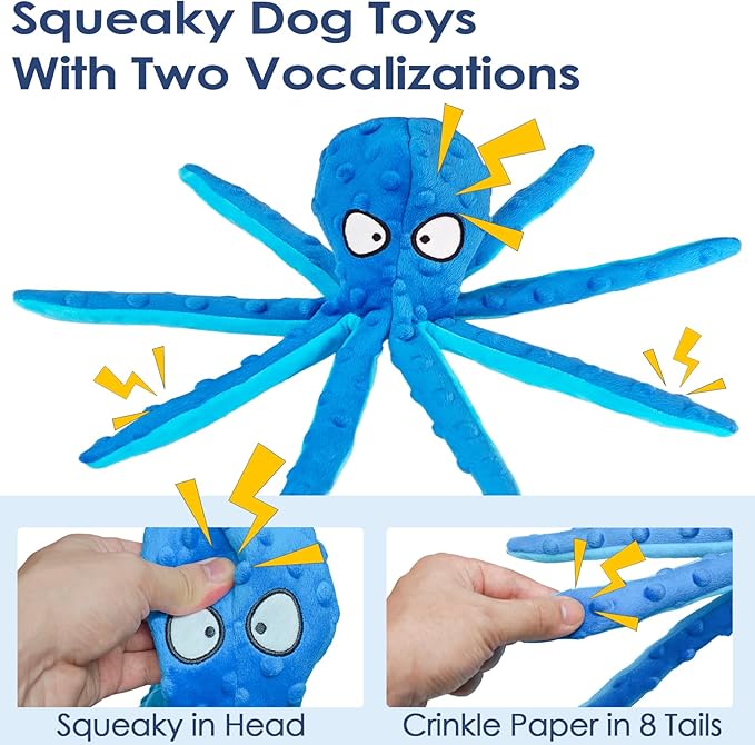 4 Pack Squeaky Dog Toys - Octopus Plush Dog Toys for Aggressive Chewers, No Stuffing, Crinkle, Durable Interactive, 4 Colors