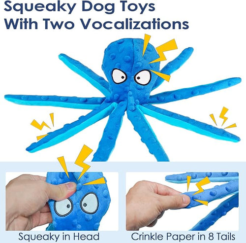 8 Pack Squeaky Octopus Plush Dog Toys for Aggressive Chewers, No Stuffing, Crinkle, Durable Interactive, 4 Colors