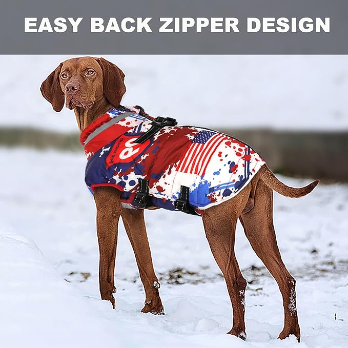 Dog Coat with Harness Built-in, Waterproof Reflective Fleece Lined - Warm Windproof Winter Jacket with Back Zipper, Cold Weather Snow Dog Coats - American Flag - L