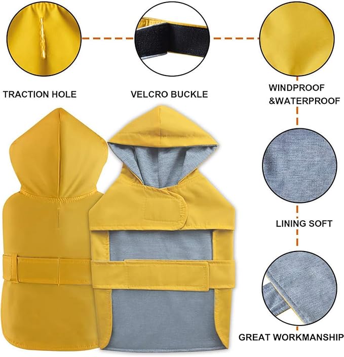 Dog Raincoat Small Dog Rain Jacket Poncho Waterproof Pet Rain Suit Double Layer Breathable Lining Hooded Leash Hole Adjustable Puppy Small Medium Dogs,Yellow,S