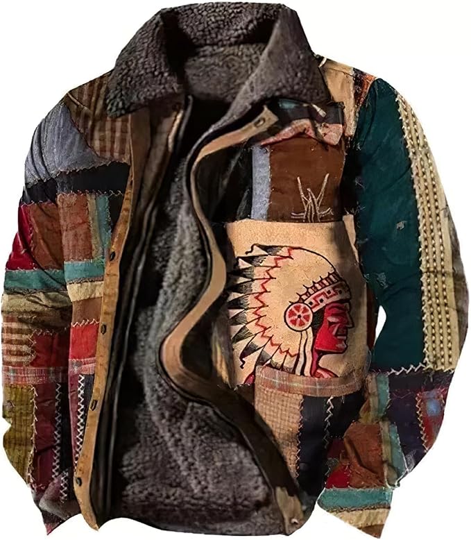 LOAIHA Men's Western Aztec Vintage Print Sherpa Fleece Lined Jackets Casual Zipper Winter Warm Jacket Coats