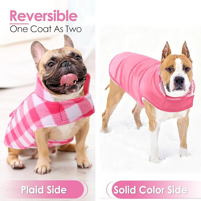 AOFITEE Dog Coat Plaid Dog Winter Coat for Small Dogs, Warm Dogs Jacket Christmas Sweater, Waterproof Pet Puffer Jacket, Reversible Pet Cold Weather Coats for Small Medium Large Pets, Pink L
