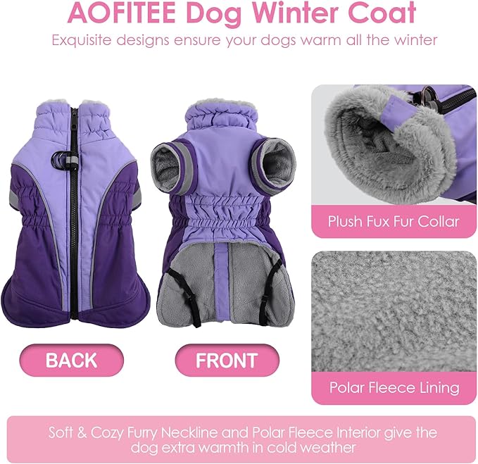 AOFITEE Dog Coat - Two Legged Medium Dog Winter Jacket - Zip Up Dogs Cold Weather Coat with Harness, Warm Pet Puffer Jackets Reflective Pet Snow Coats for Pug, Jack Russell, Boston Terrier, Purple M