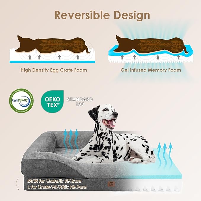 EHEYCIGA Memory Foam Dog Bed for Large Sized, Orthopedic Dog Sofa with Sides and Waterproof Liner, Washable Bolster Pet Bed Couch with Removable Cover, 36x27x7 Inch, Grey