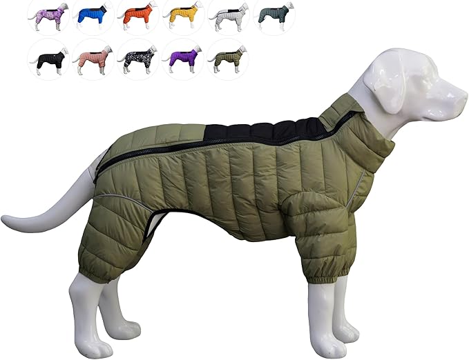 lovelonglong Dog Coat Dog Warm Jacket, 4 Legs Covered Waterproof Windproof Reflective Warm Dog Vest, Zippered Adjustable Outdoor Dog Snow Jacket for Small Medium Large Dogs Olive Green S