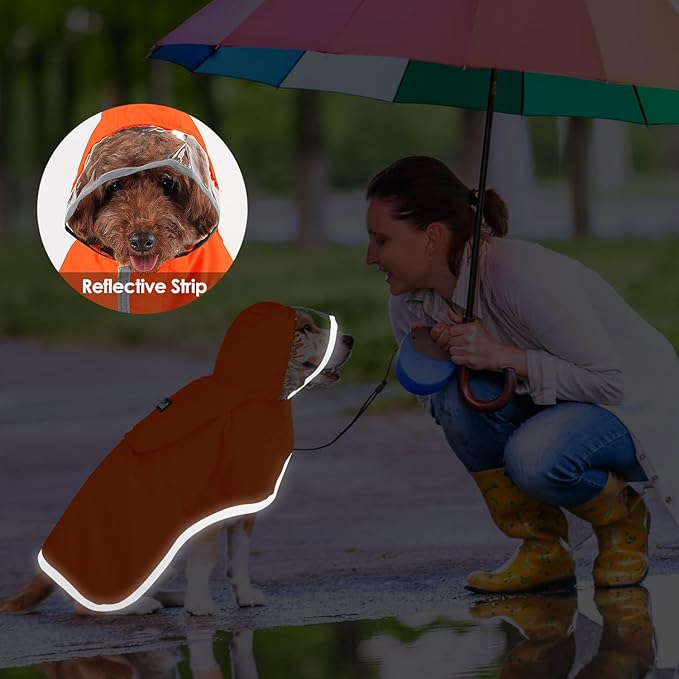 SlowTon Dog Raincoat, Adjustable Dog Rain Jacket Clear Hooded Double Layer, Waterproof Poncho with Reflective Strip Straps and Storage Pocket for Small Medium Large Dogs Puppies(OR XS)