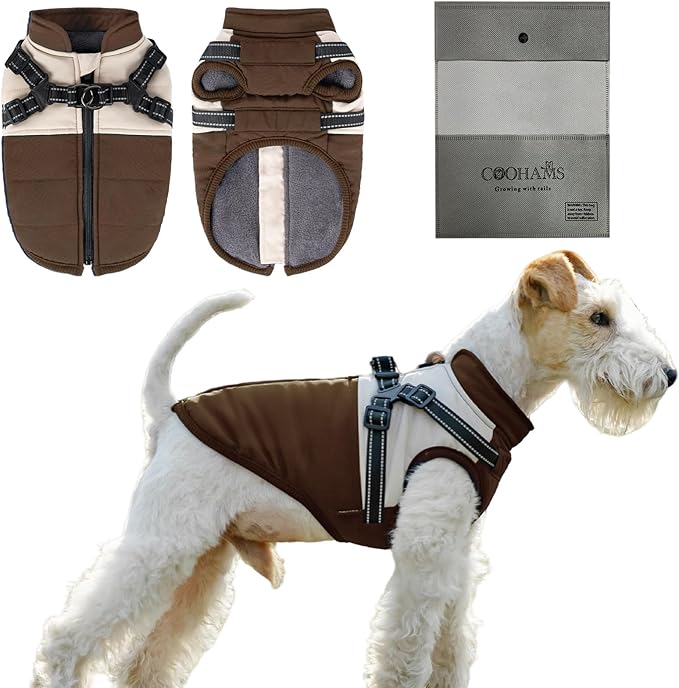 Dog Winter Coat for Small & Medium Dogs (Up to 31lb), Waterproof Dog Coat with Harness, Puppies Windproof Puppy Puffer Jacket, Snowsuit for Dachshund,Frenchie, Corgi (Classic Brown, Medium)