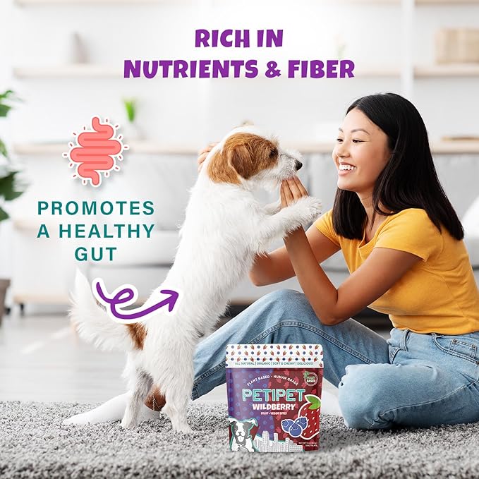 PETIPET Wildberry Plant-Based Fruit Dog Treats - Strawberry, Apple, Blueberry Soft & Chewy - Vegetarian, Vegan Dog Treats with Organic Ingredients - Low-Protein, Hypoallergenic, Gluten-Free