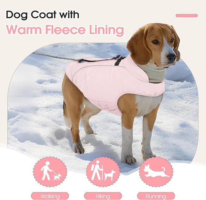Dog Coat with Harness Built in -Pink,Small- Fleece Lined Dog Snow Jacket Snowsuit，Adjustable Reflective Winter Warm Cold Weather Coat