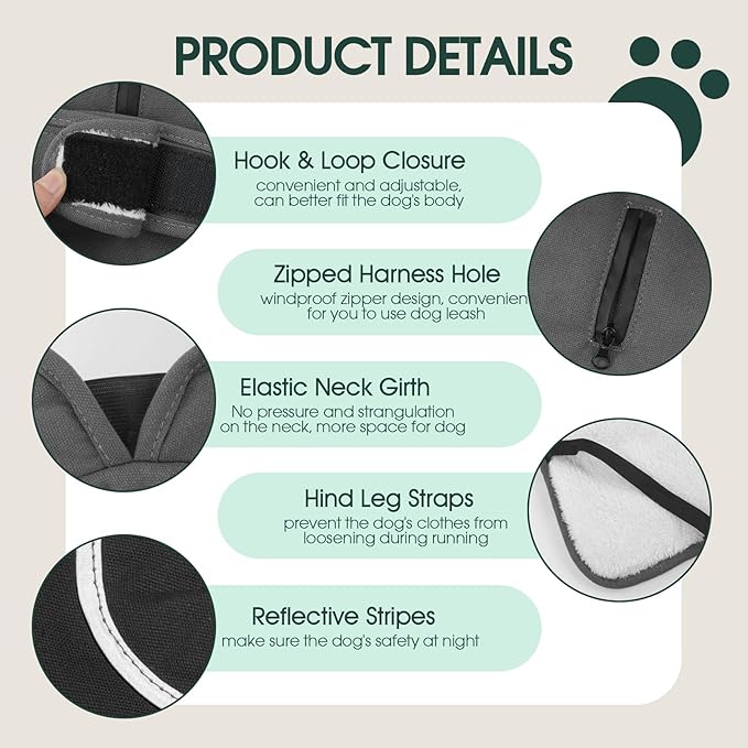 Kuoser Canvas Dog Coat, Warm Dog Jacket Reflective Fleece Pet Cold Weather Coat, Warm Doggie Clothes Waterproof Winter Vest with Zipper Leash Hole for Small Medium Large Dogs, Grey XL