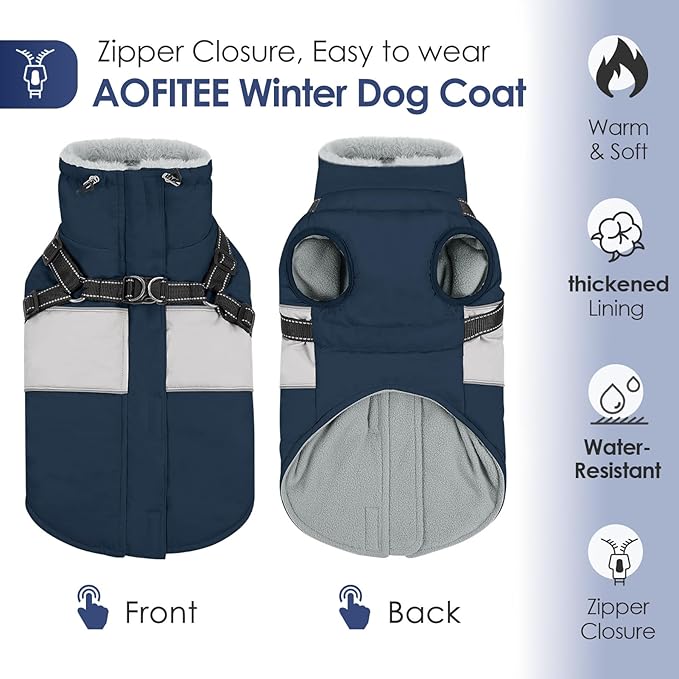 AOFITEE Small Dog Coat, Dog Winter Coat with Harness Built in, Warm Dogs Jacket with Zipper & Polar Fleece Collar, Waterproof Pet Snow Jacket Snowsuit for Schnauzer, Chihuahua Yorkshire, S