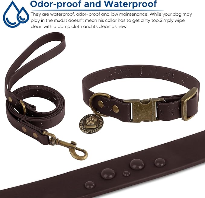 Wisedog Dog Collar and Leash Set, Waterproof Adjustable Puppy Collars with Cute Tag 6FT Dog Leash with Poop Bag for Small Medium Large Dogs (S(Collar:10"-14";Leash:4 ft), Brown)