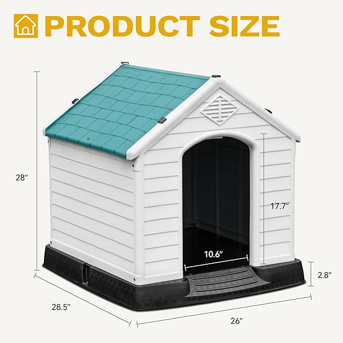 DWVO Plastic Dog House, Weatherproof Outdoor/Indoor Doghouse, Puppy Kennel with Air Vents and Elevated Floor