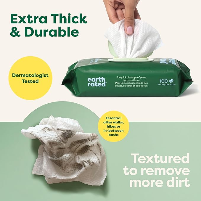 Earth Rated Pet Wipes for Dogs and Cats, Hypoallergenic, 3-in-1 Cleaning, Deodorizing and Hydrating, for Grooming Paws, Body and Butt, New White Tea and Basil Scent, 400 Count