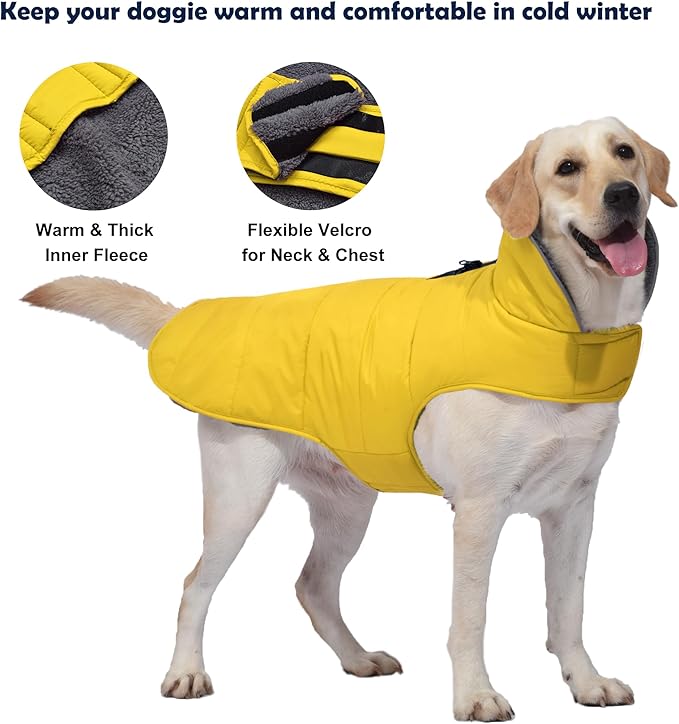 Dog Winter Coat, Waterproof Dog Jacket with Leash Hole, Reflective Adjustable Pet Snow Vest, Warm Fleece Sweater for Small Medium Large Dogs - Yellow, S