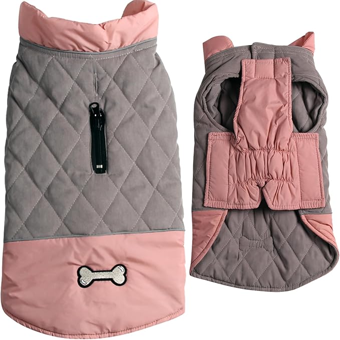 Reversible Dog Coats for Large Dogs Waterproof Warm Dog Jacket for Cold Winter,Pink and Grey XL