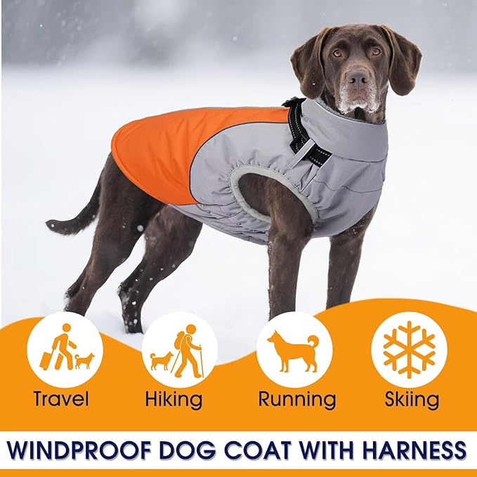 Dog Coat for Large Dogs,XXXL Waterproof Dog Jacket with Collar Built in,Reflective Winter Jacket with Fleece Lined Warm Cold Weather Coats for Extra Large Dogs,Pet Snow Jacket Suit,Orange,3XL