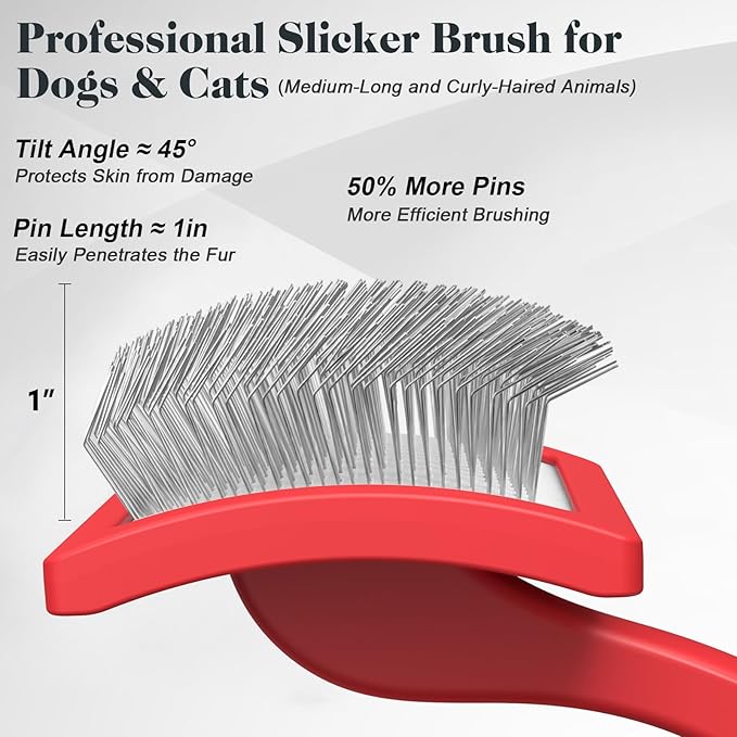 2PCS Slicker Brush for Dogs & Pet Comb,Professional Dog Grooming Brush (Goldendoodles,Poodles,Labradoodles) with Extra Long Pins to Effectively Remove Tangles, Knots and Mats (Red Large)