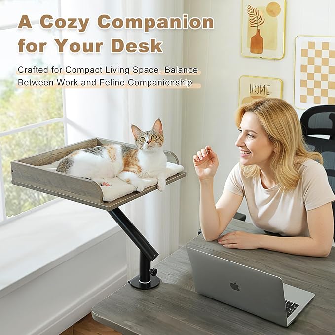 PAWZ Road Cat Desk Bed, Wooden Cat Bed for Desk Supports Up to 50 lbs, 360° Rotation & Adjustable, Nest Desktop Attachment Cats Hammock for Table, Gray