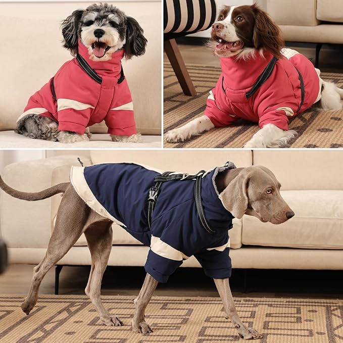 MIGOHI Dog Coat with Harness Built in, 2-in-1 Water-Resistant Dog Jacket, Thermal Fleece Lined Coat with Reflective Strips for Medium Dogs, Zip Up Closure, French Bulldog, Pink, M