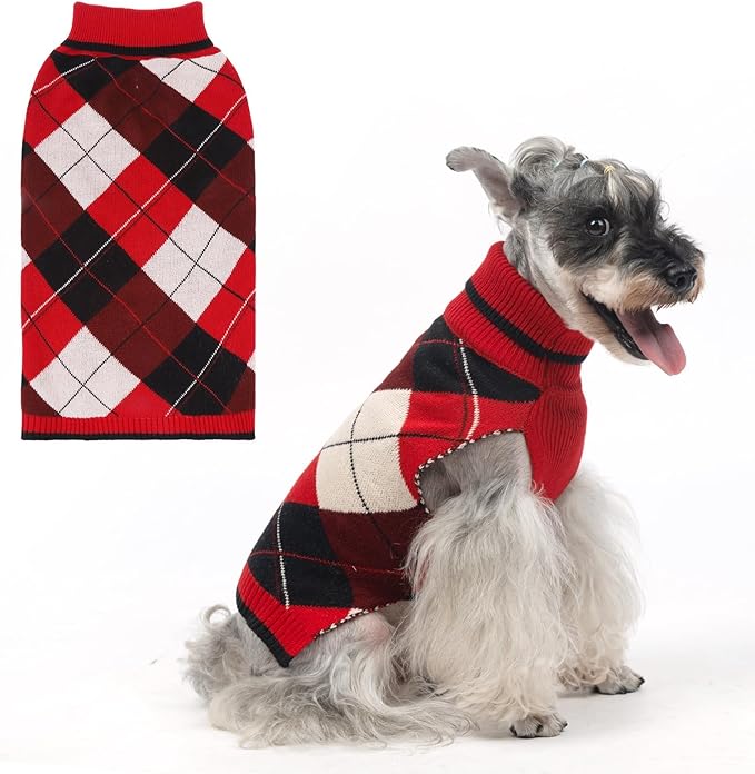 KOOLTAIL Dog Sweater - Thick Warm Plaid Pullover Turtleneck Fleece Dog, Cat, Puppy Christmas Sweater with Leash Hole - Red - S, M, L