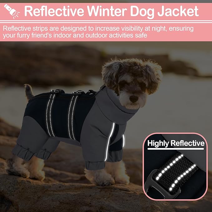 KOESON Four Legged Winter Coat, Warm Small Dog Jacket with Adjustable Buckles, Turtleneck Windproof Dog Fleece Jackets Reflective Fullbody Snowsuit Puffer Coat Blue Grey S
