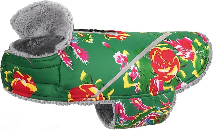 VIVAGLORY Snowrap Dog Coat, Jacket with Harness Hole & Velcro Closure, Dog Coat for Winter & Cold Weather, Fluffy Warm Fleece Lined Reflective Water Resistant for Puppy, XL, Northeast Florals-Green