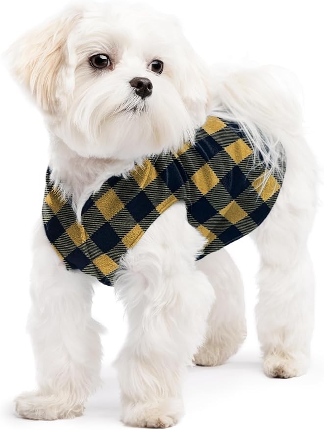 Goldpaw Stretchy Fleece Jacket for Small Dogs - Super Soft, Warm Dog Sweater - Pet Sweater Vest for Fall and Winter - Canine Clothes Made in The USA - Machine Washable - Gold Buffalo Check - Size 8