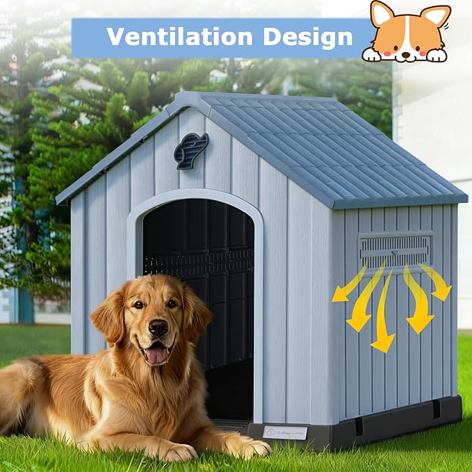 PUKAMI Large Dog House Outdoor Indoor, Plastic Dog House Weatherproof for Large Dogs, Study Puppy Shelter with Air Vents and Elevated Floor, Easy Clean and Assemble (Blue, 36.81"D x 38.7"W x 39.1"H)