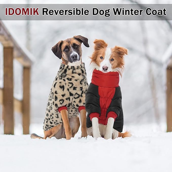 IDOMIK Reversible Dog Winter Coat, Thick Warm Dog Coat with Leopard Fleece Lining&Zipper, Adjustable High Collar Waterproof Jacket, Reflective Pet Cold Weather Coats for Large Dogs,Red,2XL