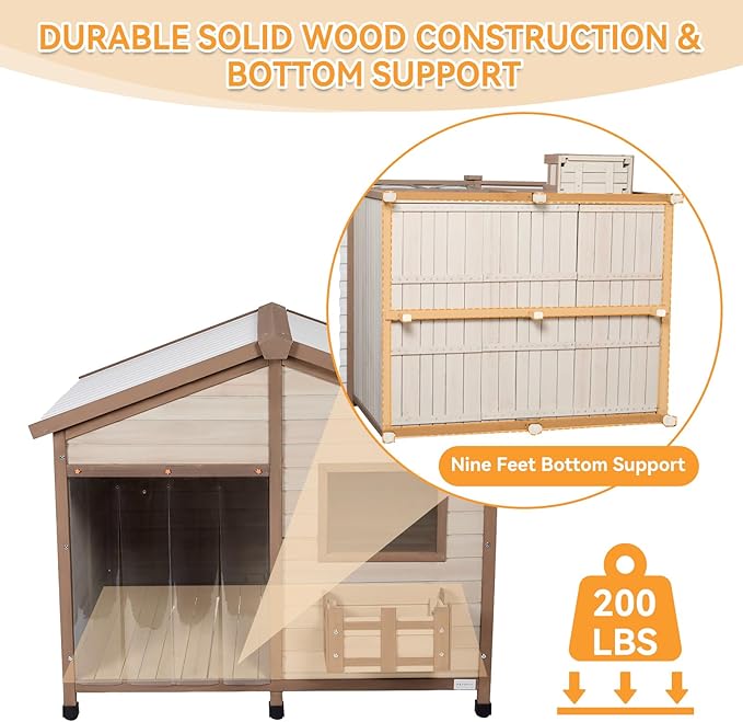 Petsfit All-Season Large Wooden Dog House Outdoor for Extra Large Breeds up to 200lbs, Insulated Weatherproof Shelter with PVC Roof & Elevated Floor, Easy Assembly, 47-Inch, Off-White