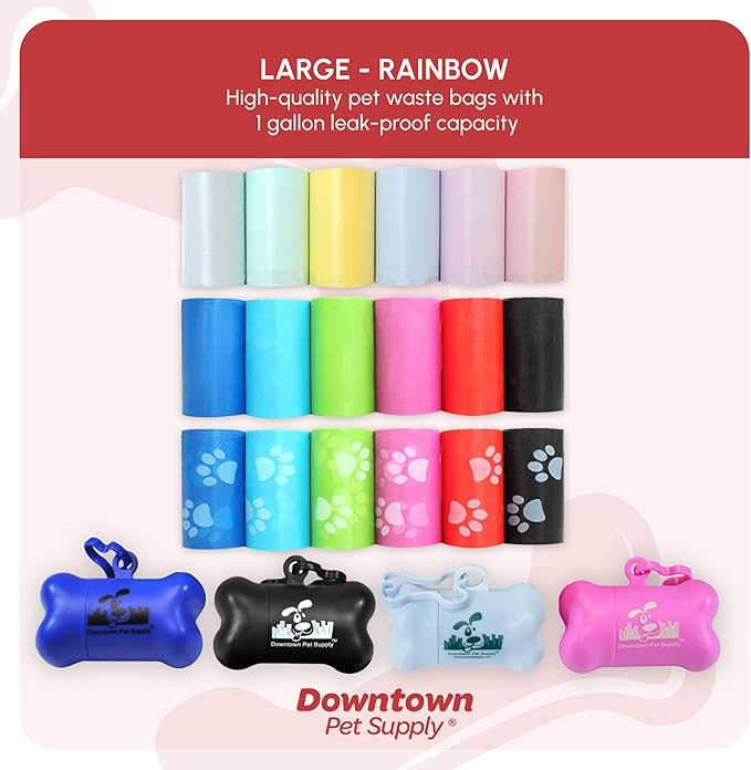 Downtown Pet Supply Unscented Poop Bags for Dogs with Dispenser, 180 Count - Leak-Proof Dog Waste Bags and Bone-Shaped Dog Poop Bags Holder for Leash - Pastel Rainbow, 12.5" x 8.5"