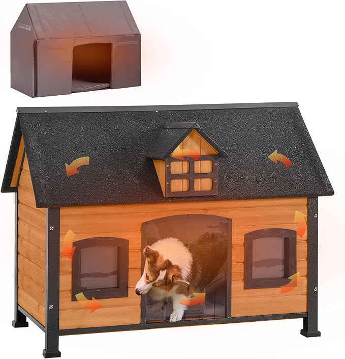 GUTINNEEN Dog House Outdoor Insulated with Strong Metal Frame and 6 Sided Insulation, Outside Dog Kennel for Small to Medium Dogs Puppy Cage for Winter Weatherproof