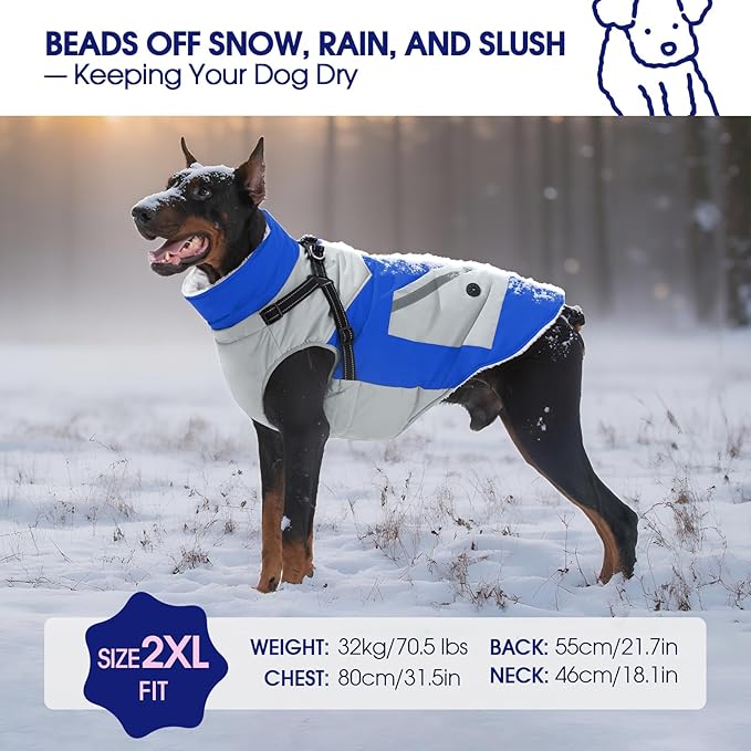 FUAMEY Dog Winter Jackets for Large Dogs,Dog Coat with Harness Built in,Waterproof Dogs Snowsuits Warm Pet Jacket Zip Up Fleece Cold Weather Coats Reflective Puppy Vest with Pocket Blue 2XL