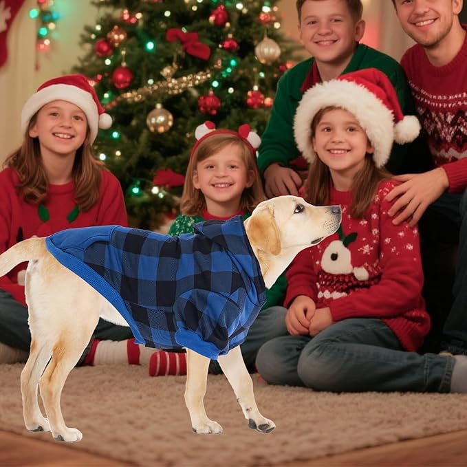KOOLTAIL Plaid Dog Hoodie Pet Clothes Sweater with Hat and Pocket for Small Medium Large Size Dogs, Soft Winter Warm Dog Cold Weather Coat, Fleece Fall Dog Hooded Sweatshirt for Puppy Cats,Blue XL/XXL