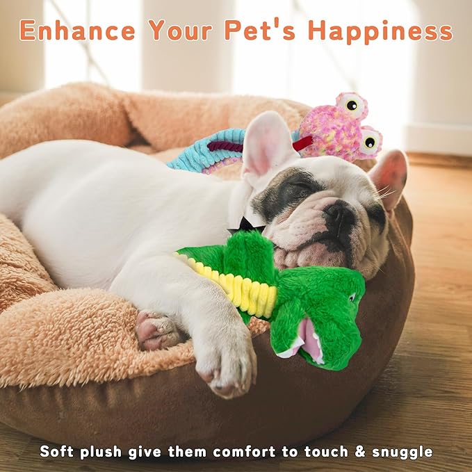 Crinkle Dog Toys Squeaky Plush No Stuffing Cute Puppy Stuffless Tough Rop Pull Toy, Fun Dog Stuffed Animals Durable Chew Set for Small Medium Large Pup (Large, Snake+Alligators)