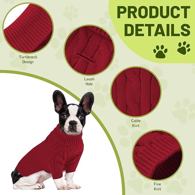 Small Dog Thermal Pullover Sweater, Classic Turtleneck Cable Knitwear Dog Clothes for Cold Weather Warm Pet Clothes for Chihuahua, Bulldog, Dachshund, Pug Red X-Large