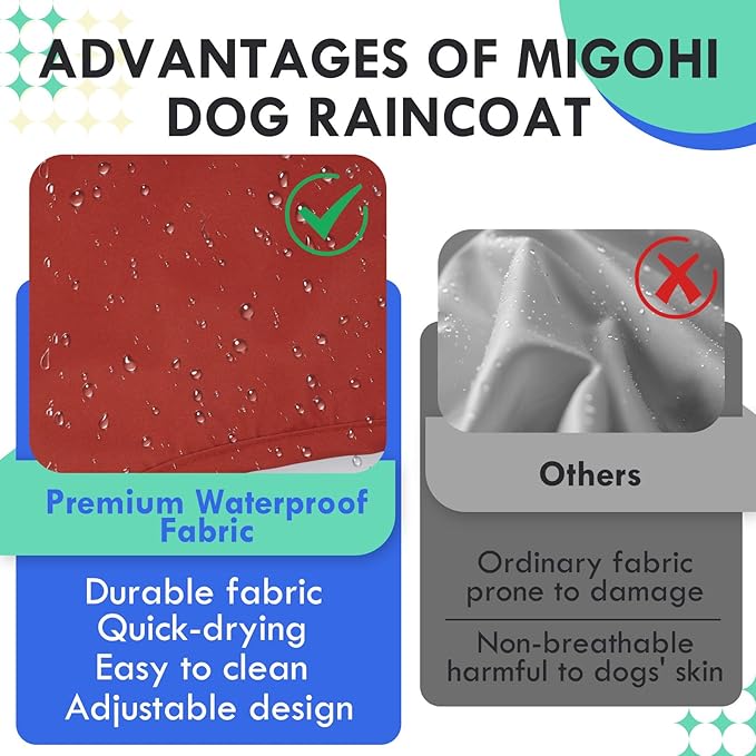 MIGOHI Reflective Dog Raincoat for Small Dogs, Red, S - Waterproof Adjustable Hooded Dog Poncho, Rain Jacket with Leash Hole, Easy Clean, Rainy Outdoor Walking