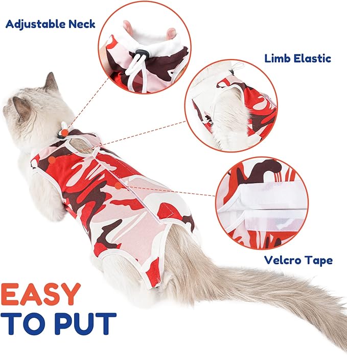 Cat Surgical Recovery Suit, Abdominal Wounds Cone E-Collar Alternative Anti-Licking Or Skin Diseases Pet Surgical Recovery Pajama Suit, Soft Fabric Onesies for Cats (S, Red)