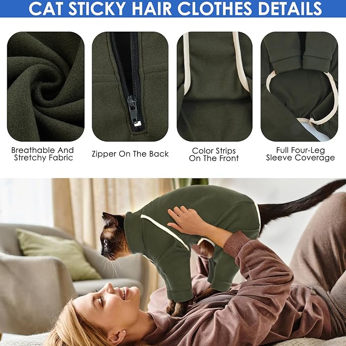 Hairless Cat Clothes - Army Green, M - Sticky Hair Onesie, Prevents Lost Hair, Soft Pajamas for Sphynx Cats, Shirt With Four Legs, Recovery Long Sleeve
