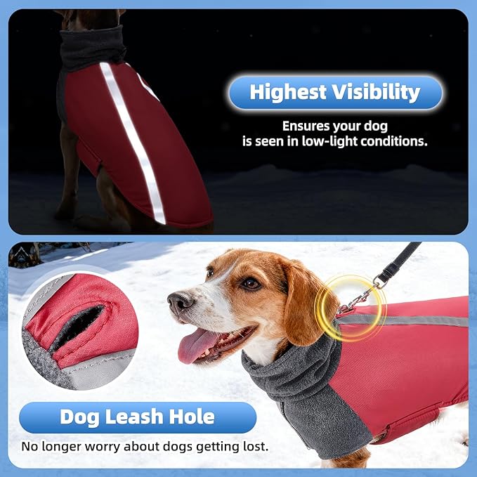 SlowTon Winter Dog Coat, Warm Polar Fleece Lining Doggie Outdoor Jacket with Turtleneck Scarf Reflective Stripe Adjustable Waterproof Windproof Puppy Vest Soft Pet Outfits (XL,Red)