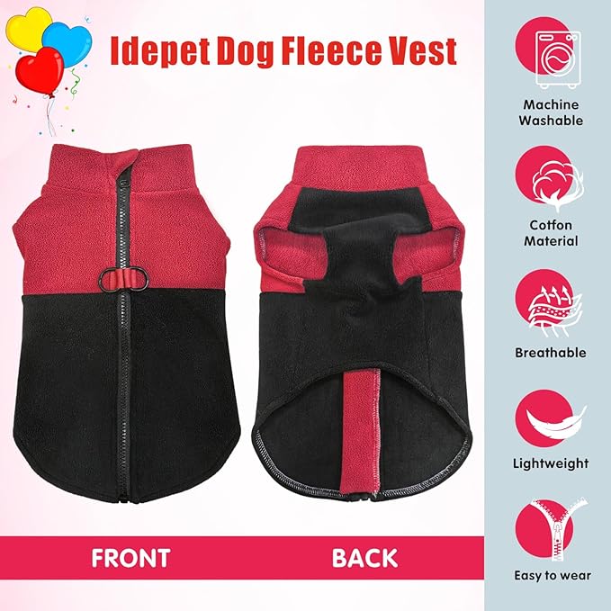 Idepet Dog Fleece Vest Sweater Zip Up Warm Pullover Dogs Jacket with D-Ring Leash Winter Cold Weater Coat Pet Sweatershirt Clothes Hoodie for Small Medium Dogs Boy Girl (Red/Black, M)