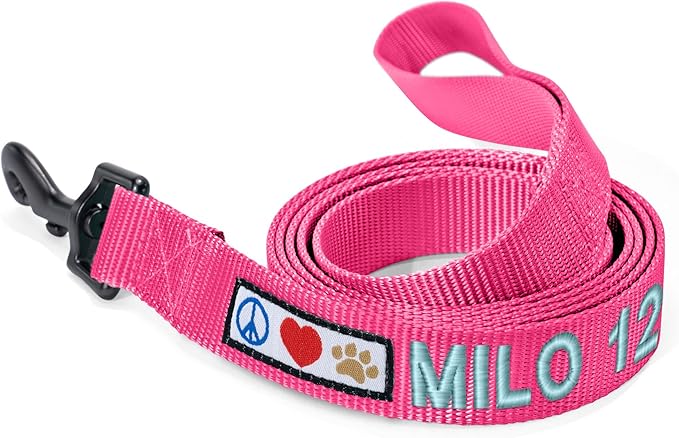 Pawtitas Personalized Dog Leash - Embroidered Customize Leash with Your Pet Name & Phone Number - 6 ft Long, Extra Small, Pink, Custom Engraved Name